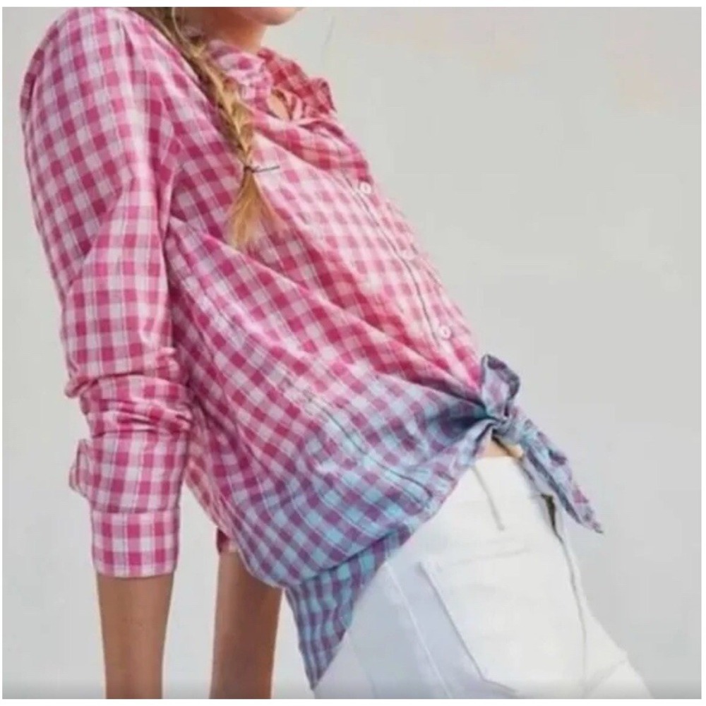 Anthropologie Pilcro Pink Blue Gingham Ombre Metallic Lurex Button Down
